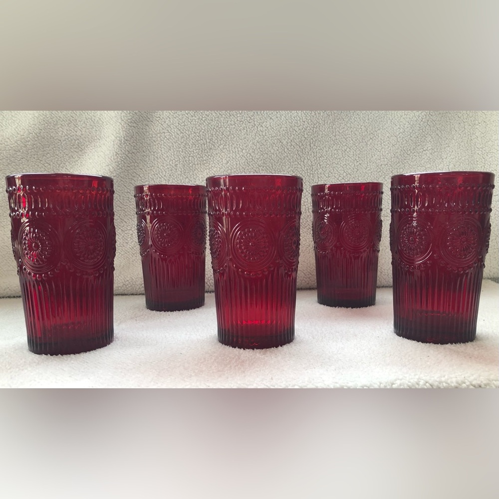 The Pioneer Woman Adeline Embossed Red Glass Tumblers 16oz Glasses Set Of 5